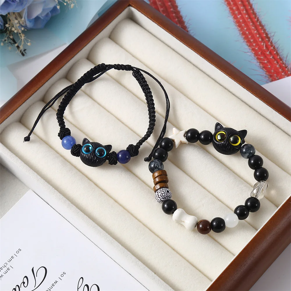 Cute Cat Couple Bracelet Crystal Imitation Wood Children Bracelet Matching Cat Charm Wristbands Fashion Jewelry Accessories