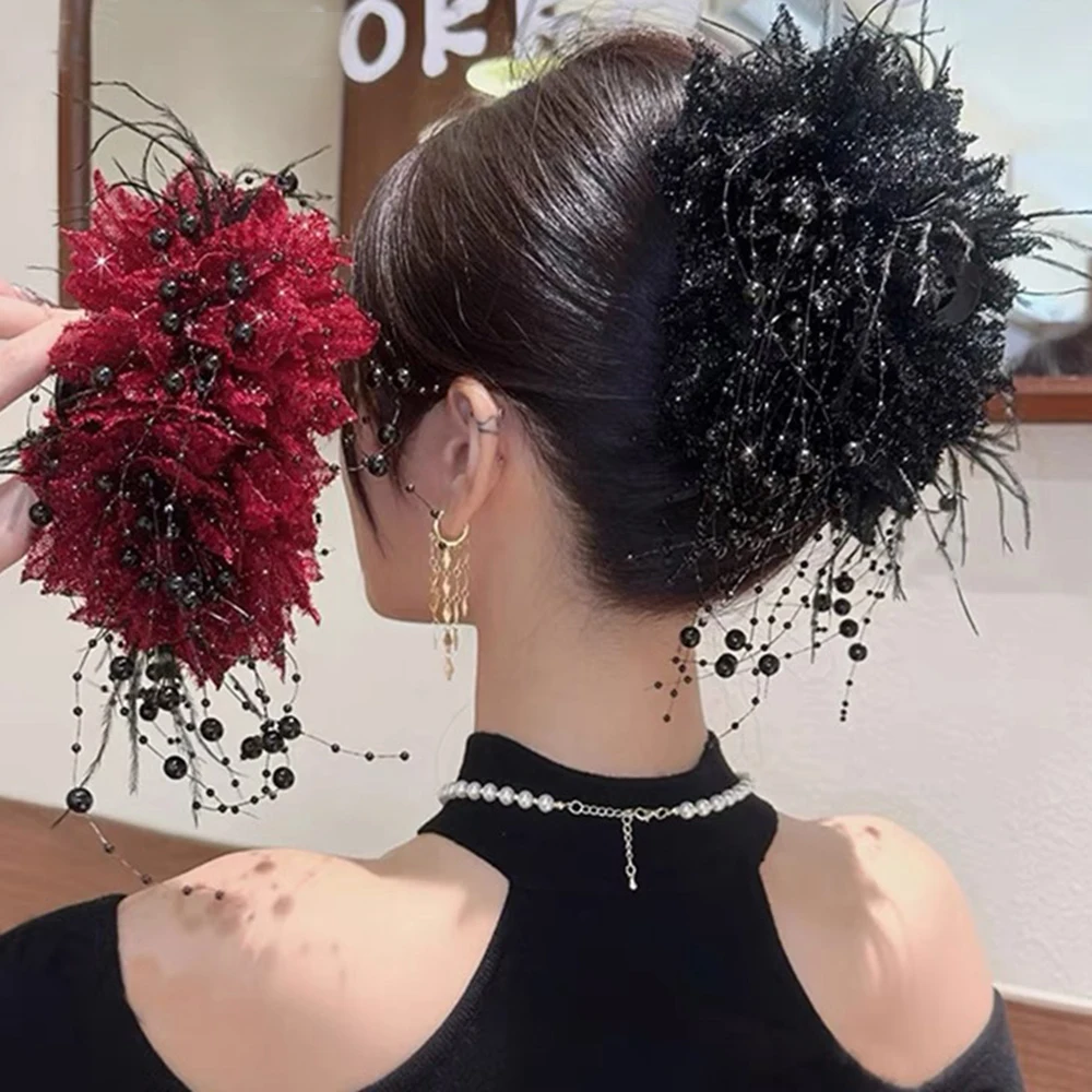 Large Sequined Flower Clip Hair Claw For Women Fashion Shark Clip Ponytail Hair Clip Barrette Retro Volume Hair Clip Headwear