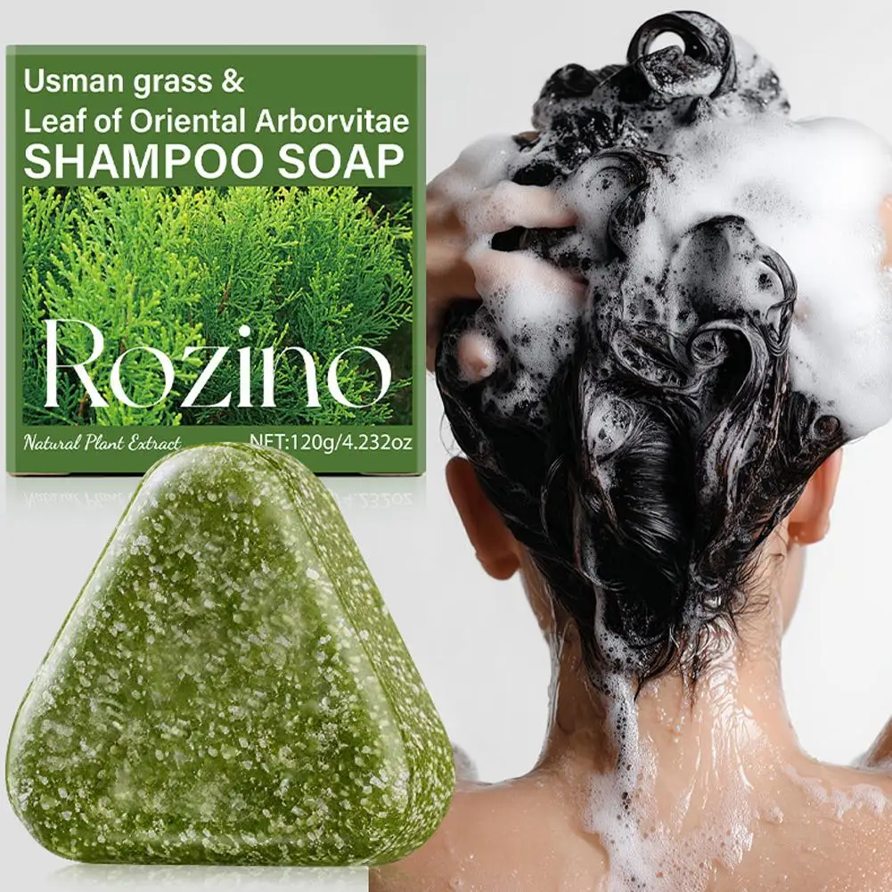 Rozino He Shou Wu Usman Jabón verde hierba, barra de champú triangular natural, alivio del cuero cabelludo con picazón, champú sólido voluminizador y control de aceite