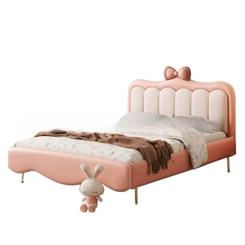 

Minimalist soft bag leather bed, girl princess bed, bow, crib pink.