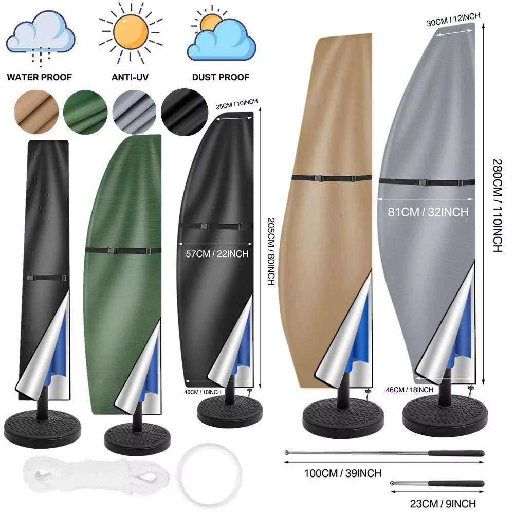 210D Patio Umbrella Parasol Cover Waterproof Outdoor Banana Straight Style Fits Cantilever Umbrella Up to 12-14 Feet
