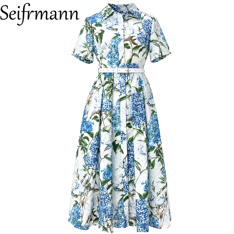 Seifrmann Casual Printed Cotton Dress Lapel Short Sleeve Belt Waist Mid-Length Dress 2026 Summer Women's New Style
