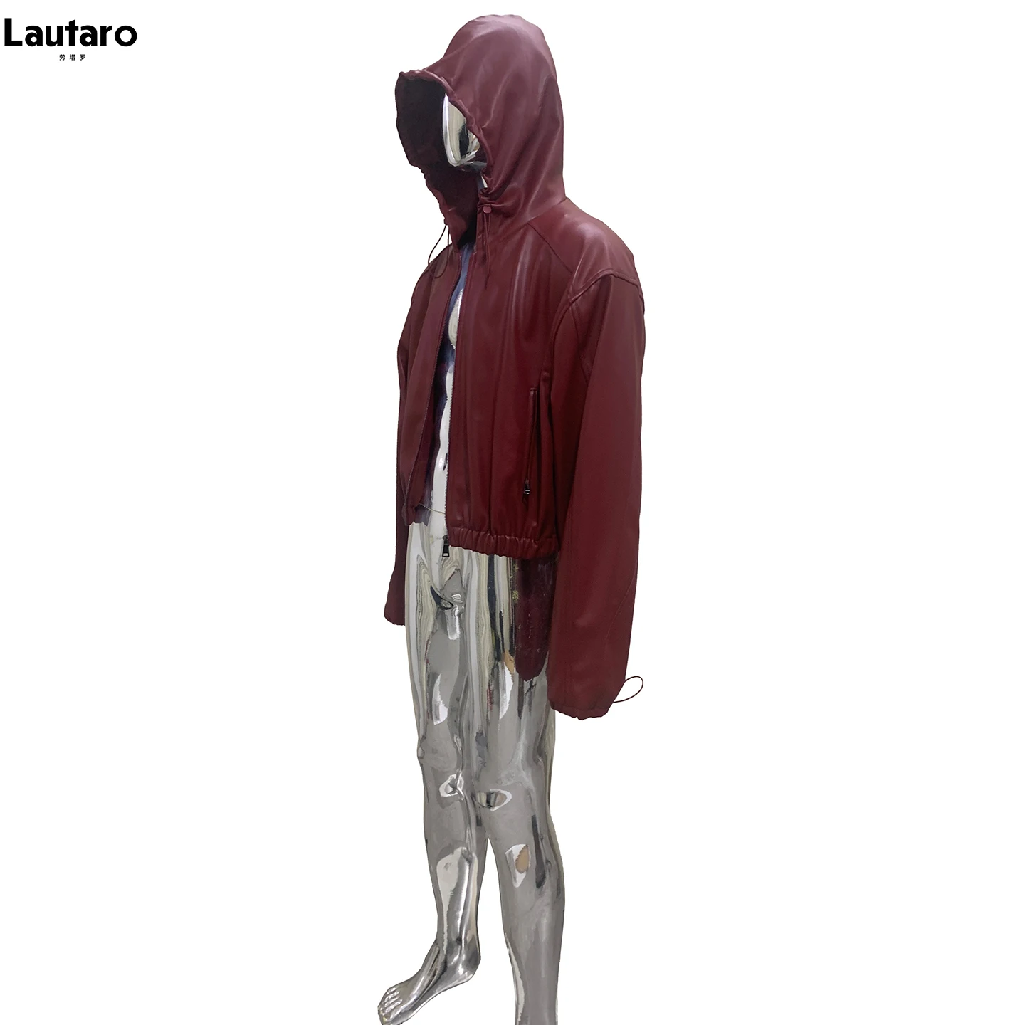 Lautaro Spring Autumn Short Hooded Waterproof Burgundy Pu Leather Jacket Man with Drawstring High Waist Unisex Clothes Menswear