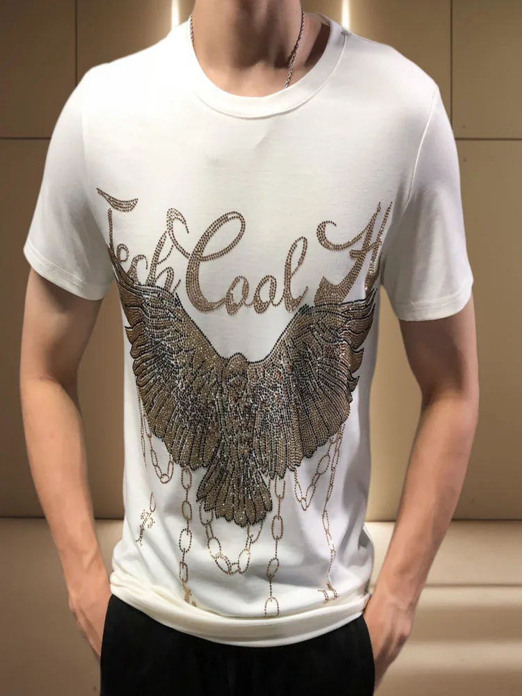 

Summer T Shirt Men Rhinestone Eagle Black Gold T-shirt Hip Hop O-Neck Short Sleeve Streetwear Luxury Tshirt For Clothing