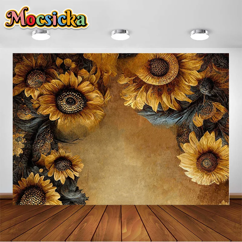 

Mocsicka Vintage Abstract Rustic Wall Photography Backdrops Oil Painting Sunflower Background Adult Wedding Portrait Photocall