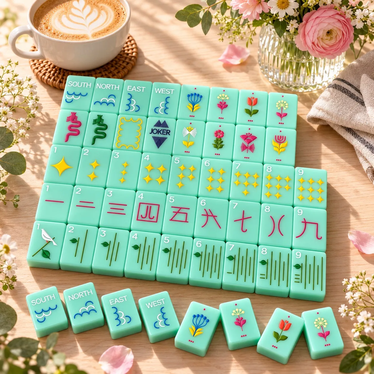 Mint Green Floral Pattern American Mahjong Set 160 Acrylic Tiles 36mm Factory Original Hand Painted  Mahjong Tiles Only for Game