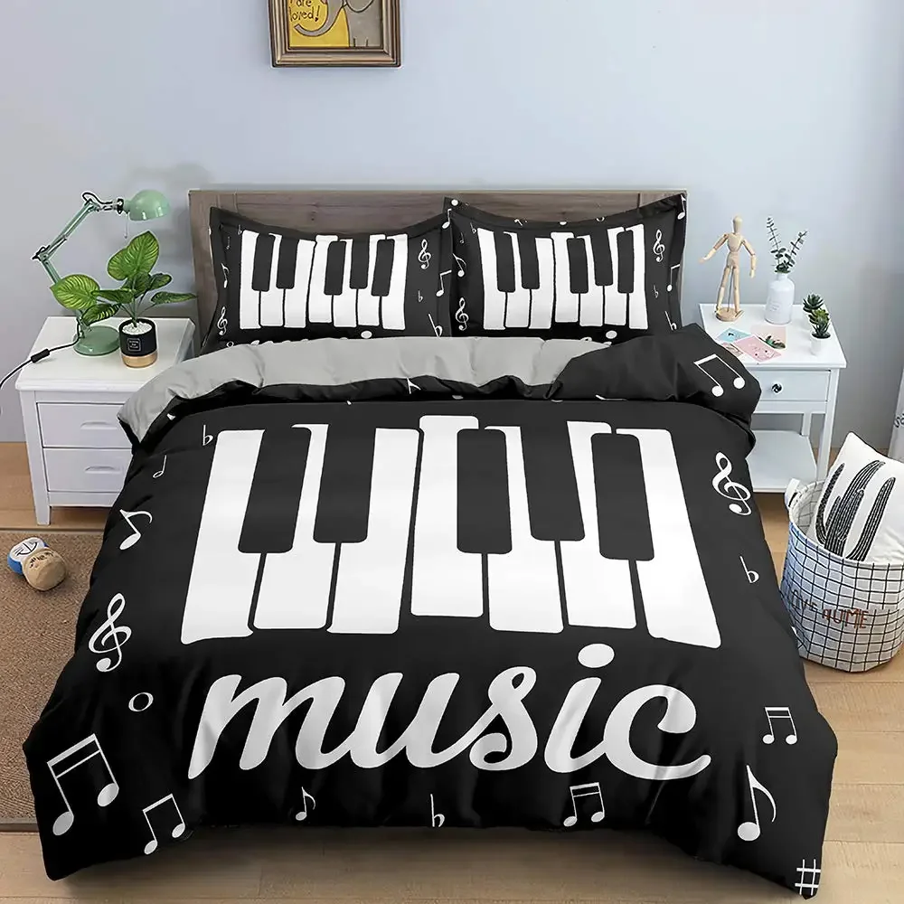 Piano Keys Rotating Musical Notes Duvet Cover Tie Dye Bedding Set for Kids Boys Girls Gifts Retro Music Theme Decor Balck White