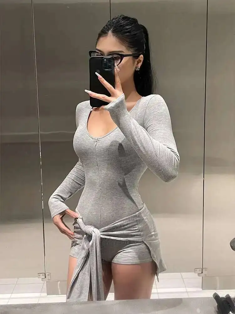 Spicy Girl U-neck Strap Two-piece Long Sleeved Jumpsuit For Women's Spring New High Waisted Slim Sexy Bodysuit Top Fashion XBO6