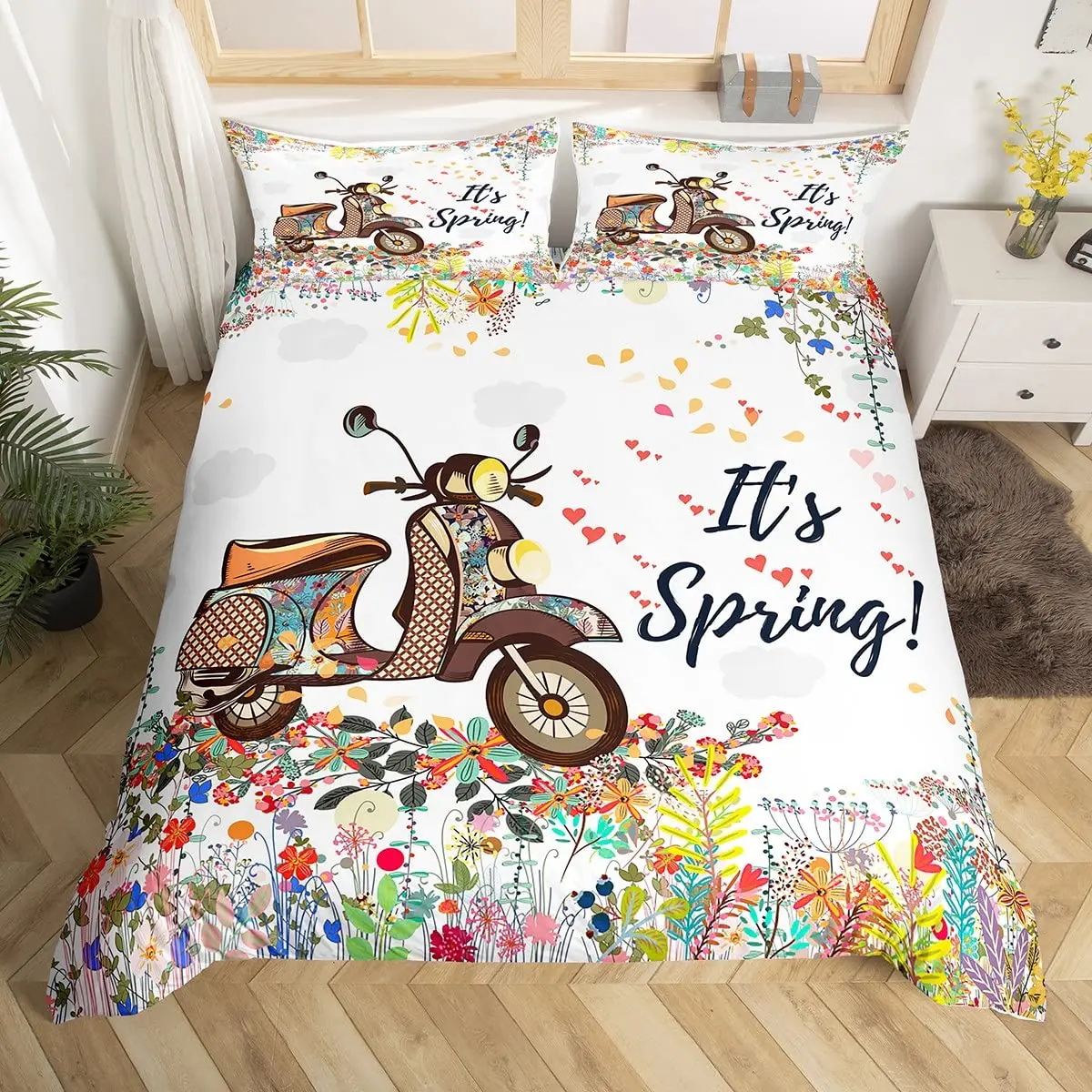 Vintage Motorcycle Duvet Cover Single Queen Botanical Flower Leaves Rustic Farmhouse Bedding Set Spring Romantic Comforter Cover