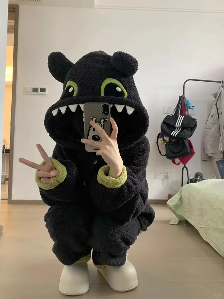 

Cartoon Themed Thiened Coral Fce Pajamas Set for Women Winter Home Clothes Spwear Long Sve Hooded Long Pants