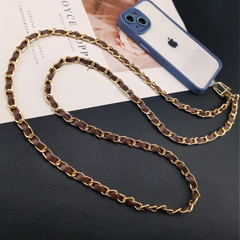 Mobile Phone Lanyard Strap Crossbody Hanging Chain Leather Metal Chain Mobile Phone Case Patch Rope Charm  Rope for Phone