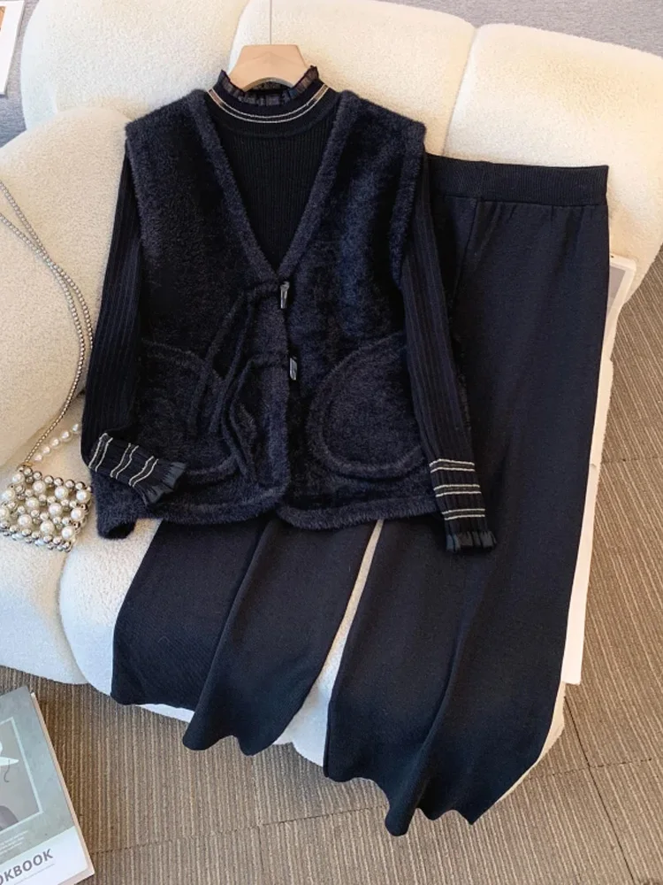 

Korean Fashion Knitted Suit Women Outfits Chic 3 Piece Set Elegant Crew Neck Long Sleeve Sweater Cardigan And Wide Leg Pant Suit