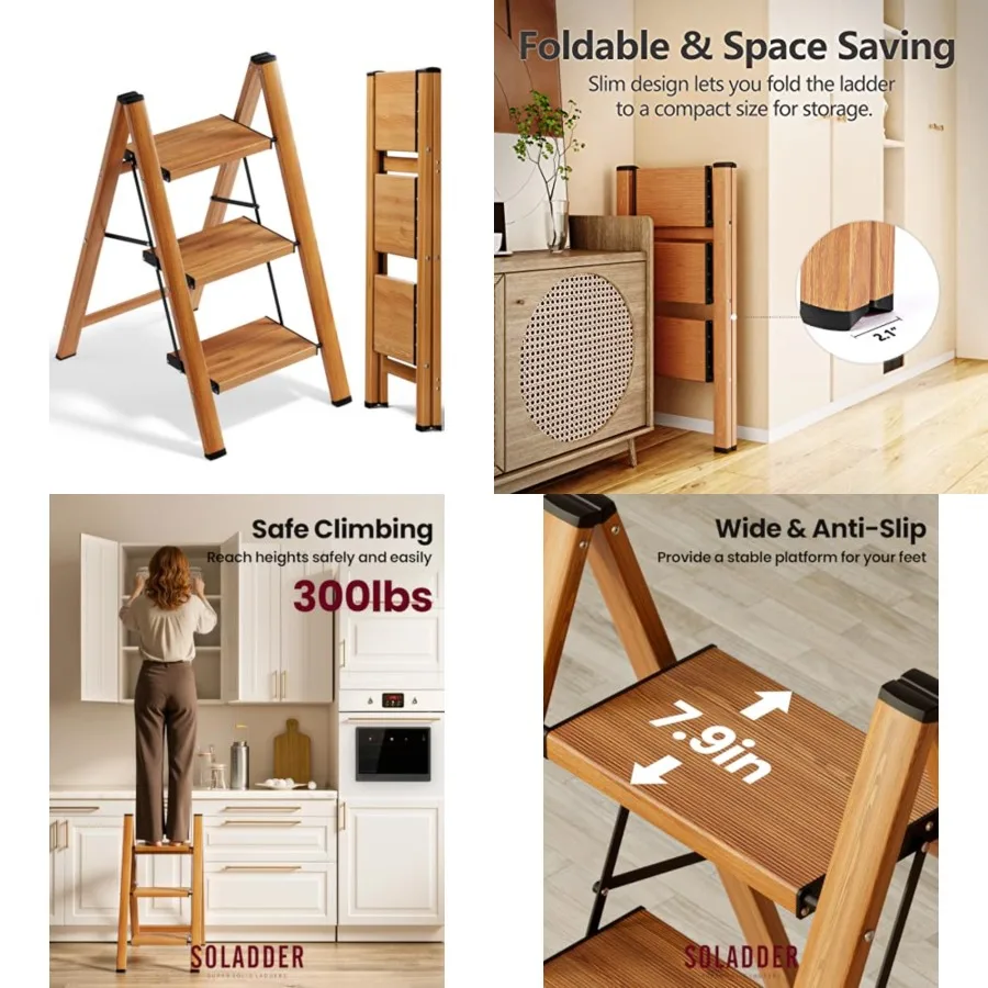 

Ladder, Folding Aluminum Stool with Anti-Slip Wide Sturdy Pedal, Multi-Use for Home and Kitchen Use, Space Saving- 300 lbs Capa