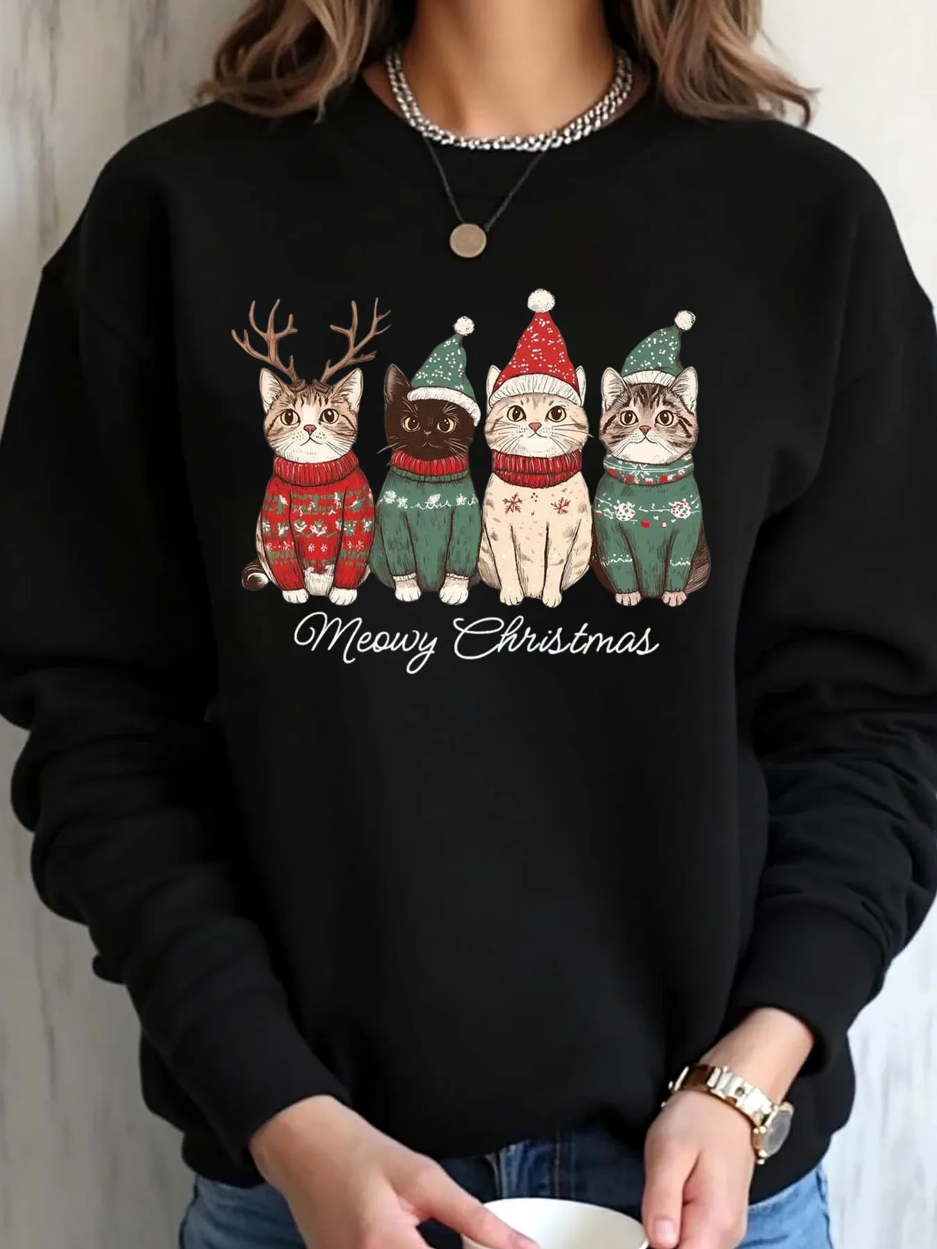 

Женская толстовка большого размера с рождественскими кошками, еластичная рождественская одежда с принтом, уличная одежда