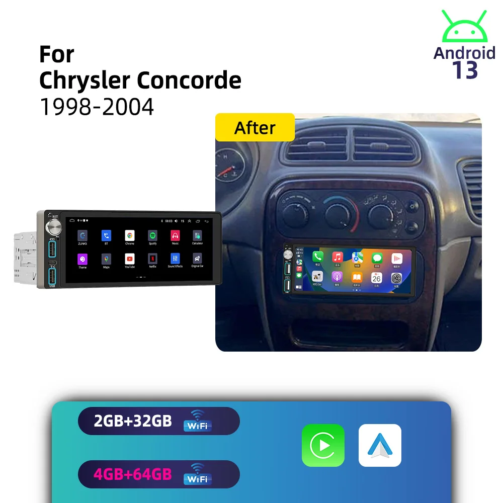 Estéreo Inalámbrico para Auto con CarPlay y Android, Unidad Principal de 6.86 Pulgadas y 1 Din para Chrysler Concorde 1998-2004, Radio, Autoradio, GPS, Multimedia