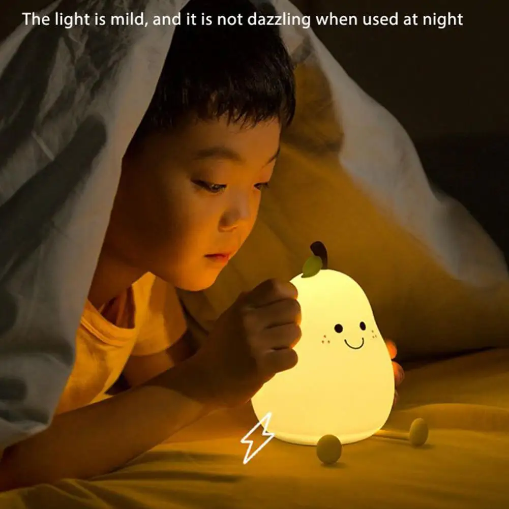 Cute Smile Pear Night Light Soft Silicone Usb Charging LED Nightlight Children Kids Color-changing Eye Protective Bedside Lamp