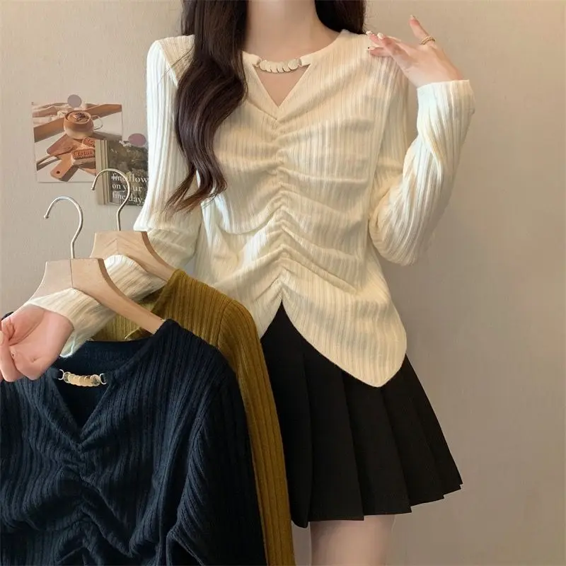 

Stylish Irregular Folds Pullovers Spring Autumn Solid Color Women's Clothing Slim Elegant V-Neck Knitted Long Sleeve T-shirt New