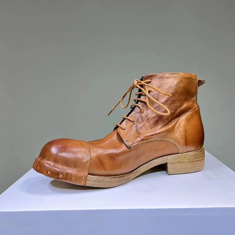 Męskie buty ze skóry końskiej Vintage Wash Water Old Leather Boots Handmade Goodyear - Męskie krótkie buty sznurowane Okrągła głowa Mężczyźni — zdjęcie 7