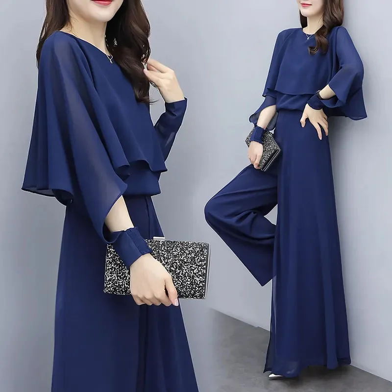 

New Women's Chiffon Trousers Set 2025 Spring Summer Fashion Pullover Top Wide Leg Pants Two-Piece Female Casual Suit Long Sleeve