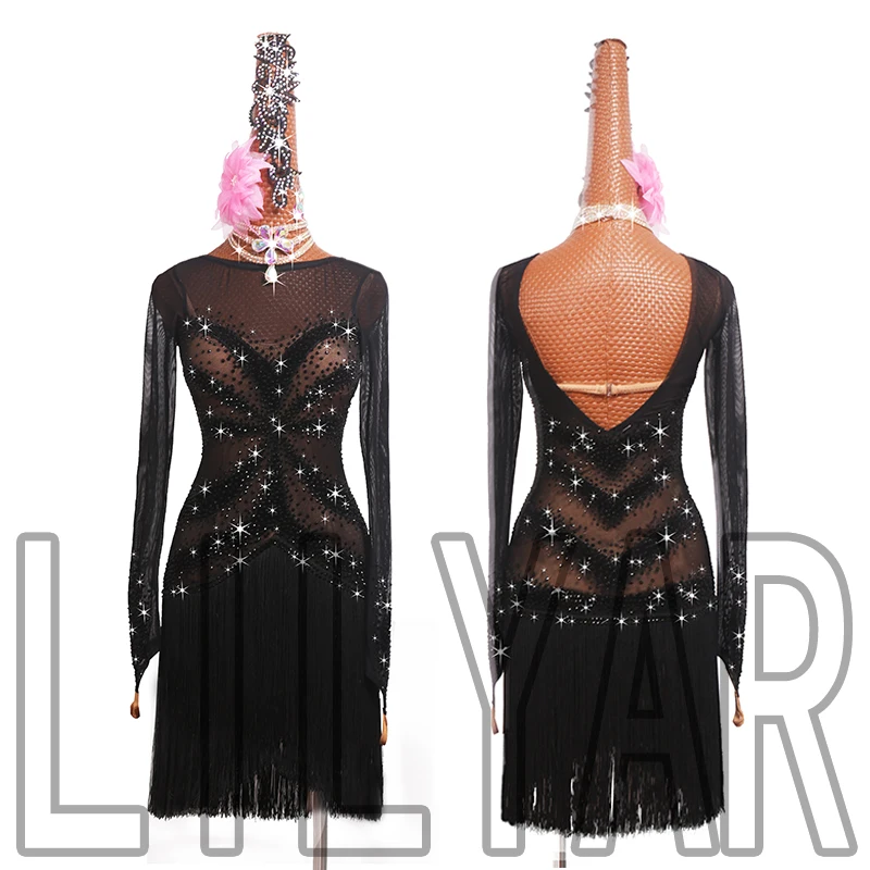 New Latin Dance Competition Performance Art Exam Black Elastic Mesh Flash Diamond Sexy Tassel Long sleeved Dance Dress