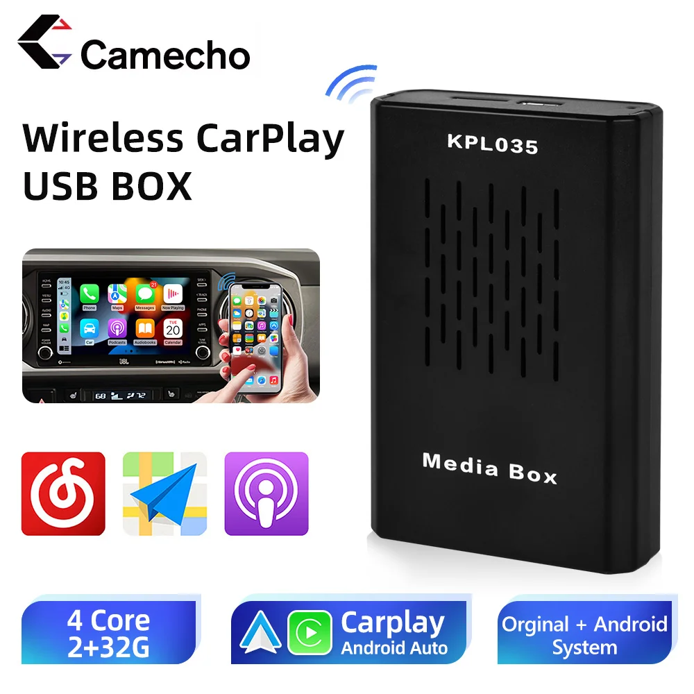 

Camecho Wired to Wireless CarPlay Box Car Multimedia Player Quad 2+32G Android Auto Adapter Keep the Original CarPlay Function