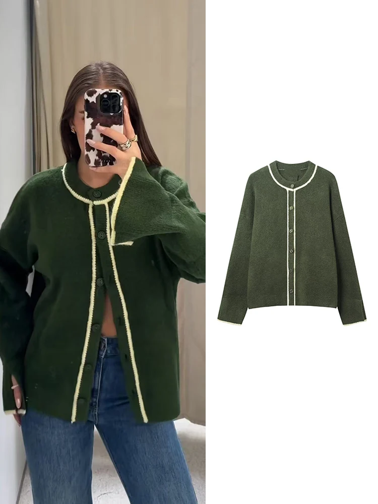 

Women's Casual Knitted Cardigan O-neck Single-Breasted Contrast Knitwear 2025 Autumn Winter Chic Ladies Fashion Outerwear