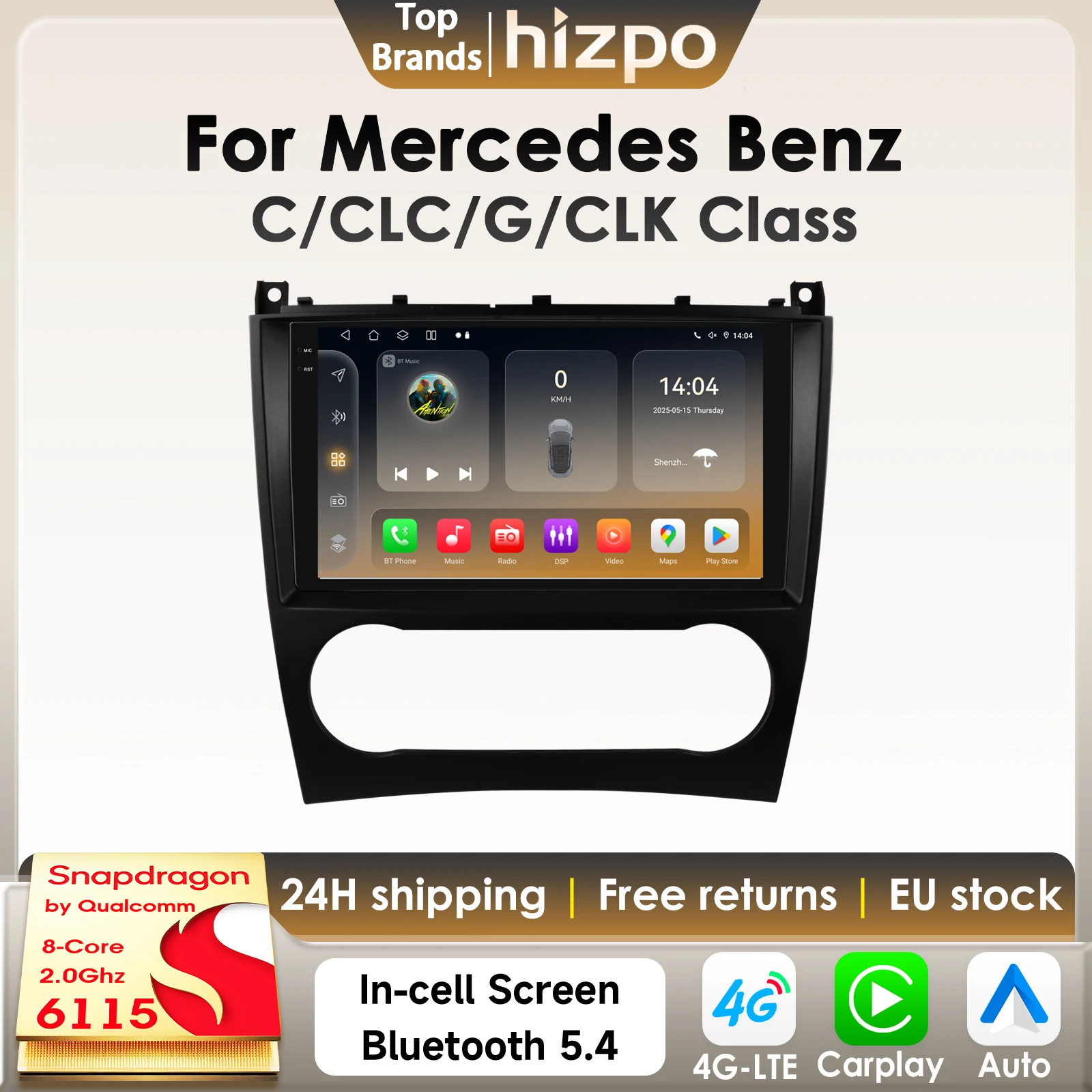 Hizpo 9 Zoll Android 14 Autoradio für Mercedes Benz CLC W203 C-Klasse C180 C200 CLK200 CLK W209 Carplay 4G BT GPS von Snapdragon 6115