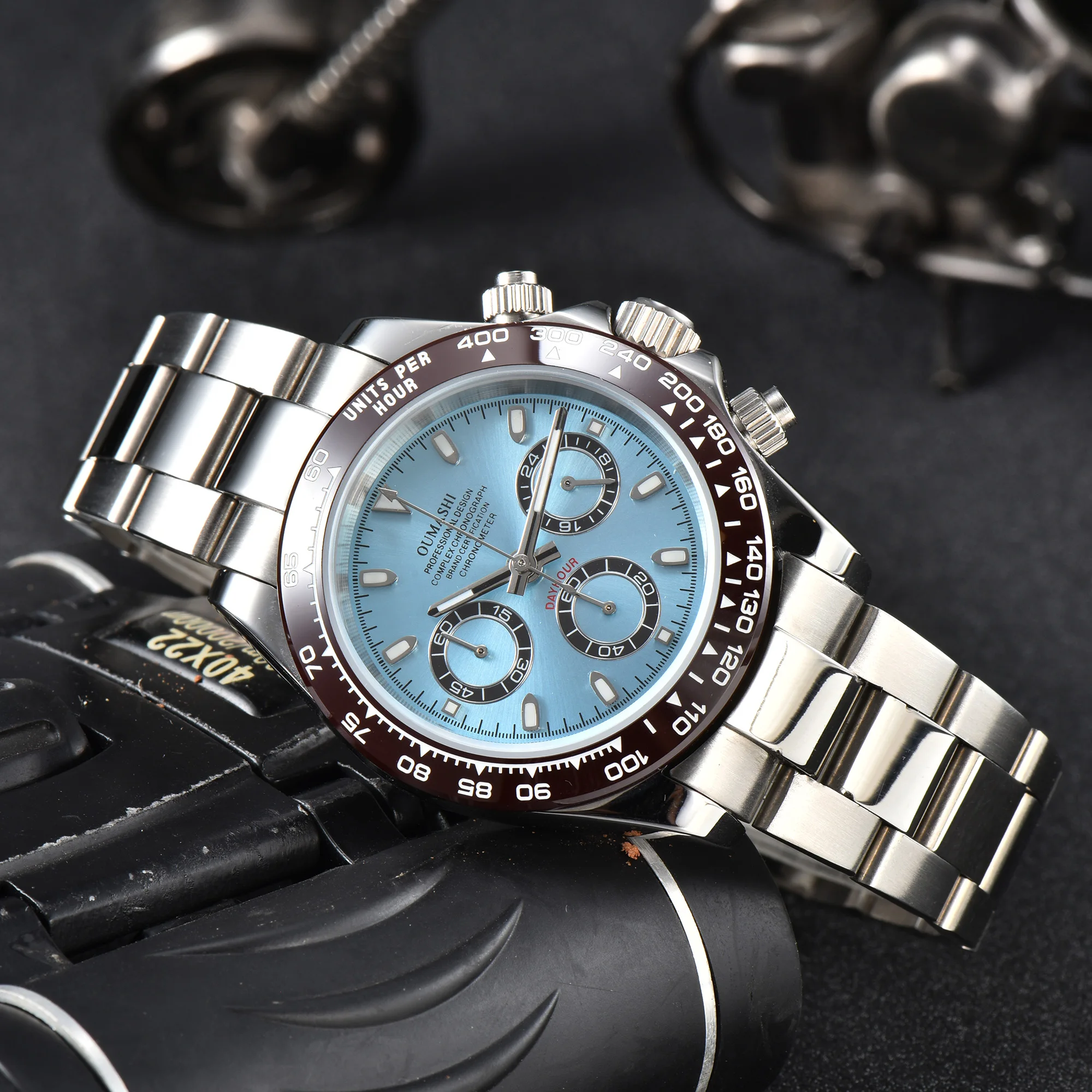 OUMASHI Design 39mm silver race watch silver coloured stainless steel case sapphire water resistant VK63 quartz watches