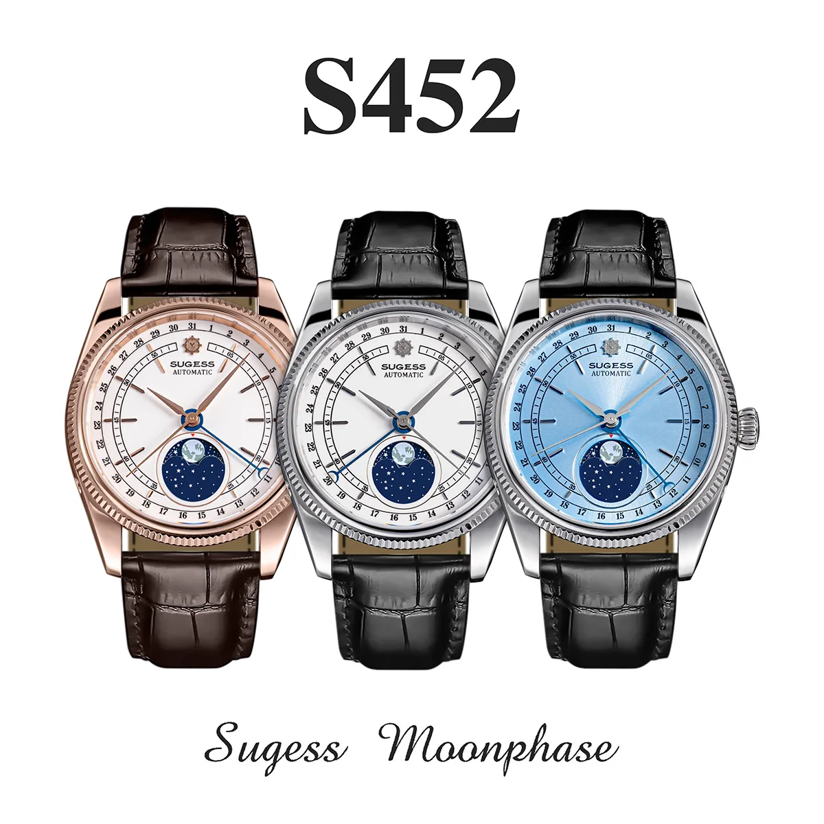Sugess 40mm Mens Watch Automatic Mechanical Original ST2108 Movement MoonPhase Water Resistant Wristwatches Sapphire Crystal New