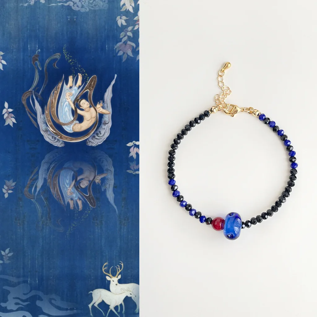 

Handmade Natural Stone Blue Lapis Glaze Beaded Chain Bangle Vintage Women Exquisite Bracelet Jewelry