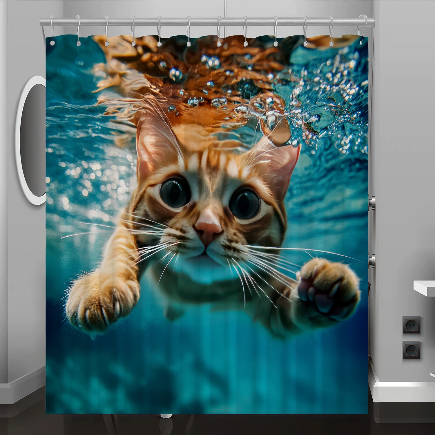 Diving cat pattern digital print shower curtain