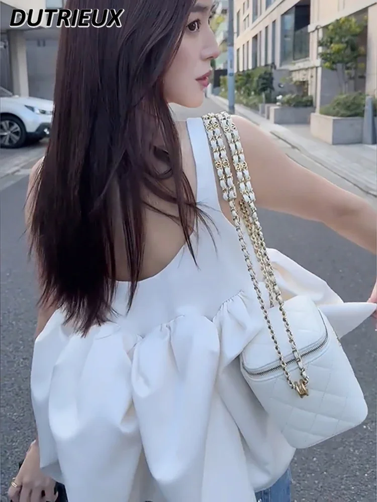 Camicia bianca stile francese alla moda Gilet con bretelle soffice Top da donna Camicetta estiva dolce e carina tinta unita semplice senza maniche