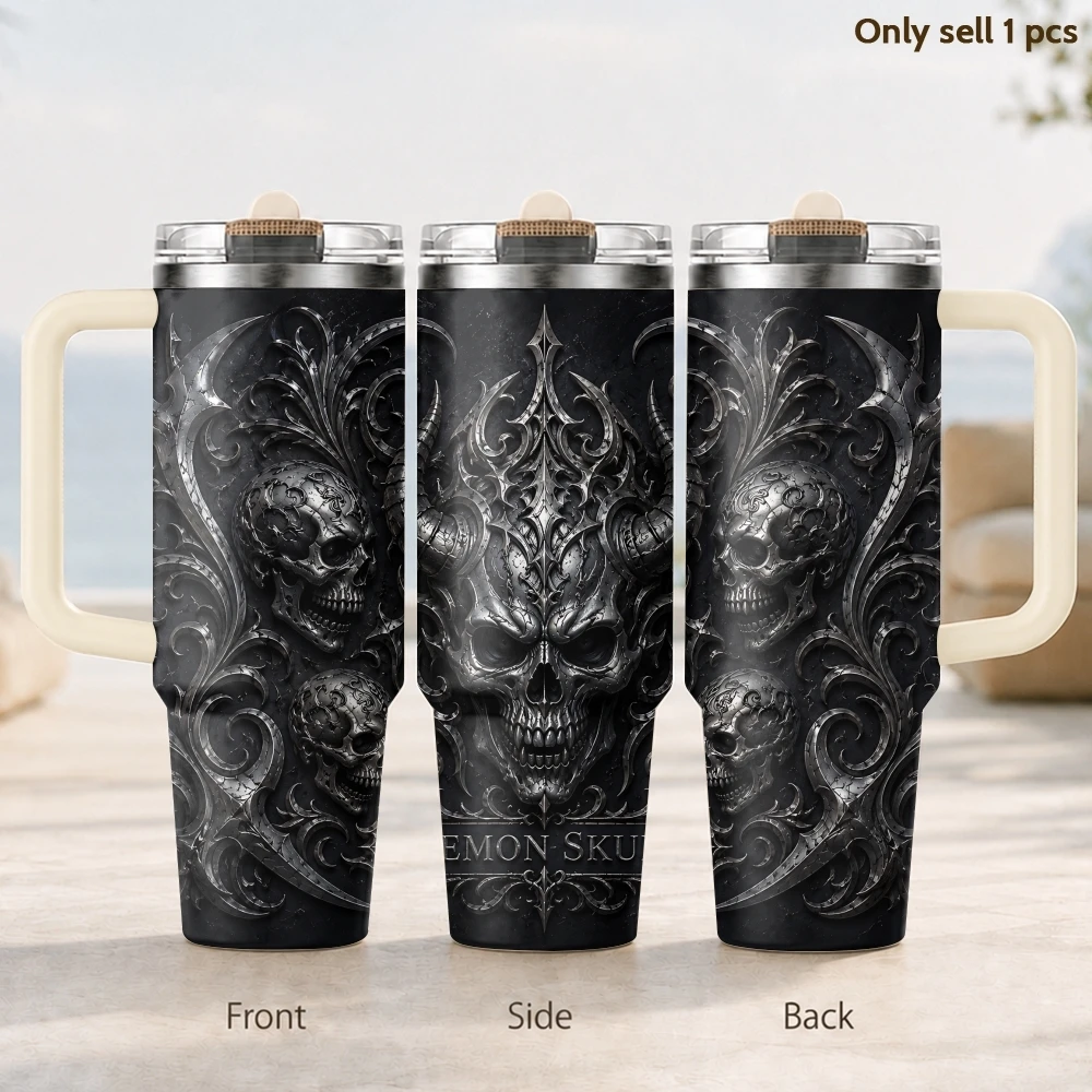 Cool Terrifying Silver Skull Vacuum Flasks 40oz Thermal Tumbler Handle Stainless Steel Insulated Water Portable Mug Cup