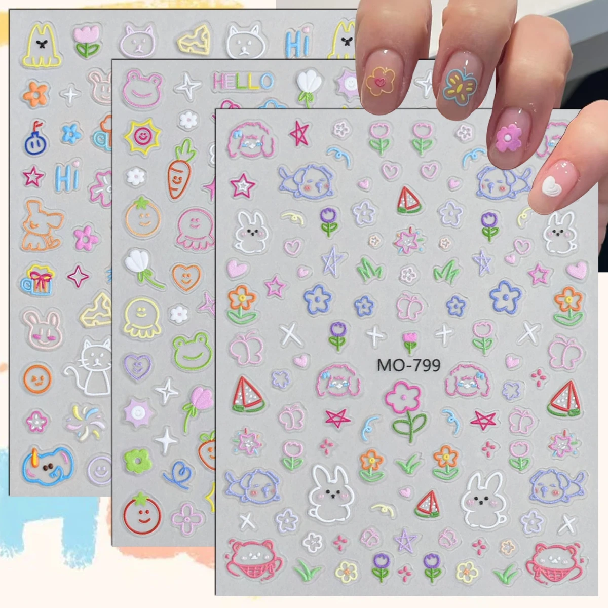 3 bis 15 Blatt Kawaii Cartoon Nagelaufkleber 5D Geprägte Pastell Tier Blumen Herz Selbstklebende Nagelsticker