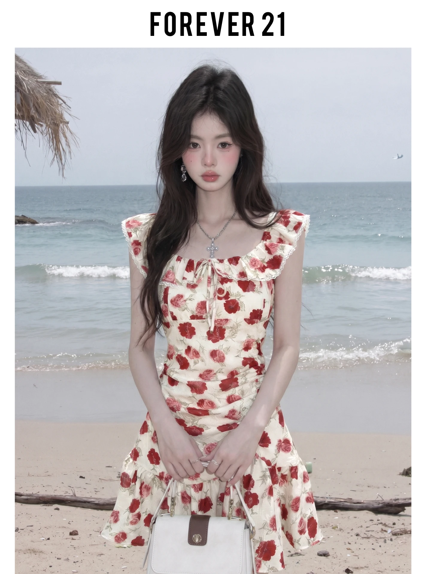 Vestido Feminino Forever 21 de Verão com Estampa Floral e Manga Bufante, Cintura Marcada, Efeito Emagrecedor, Saia Curta Godê...