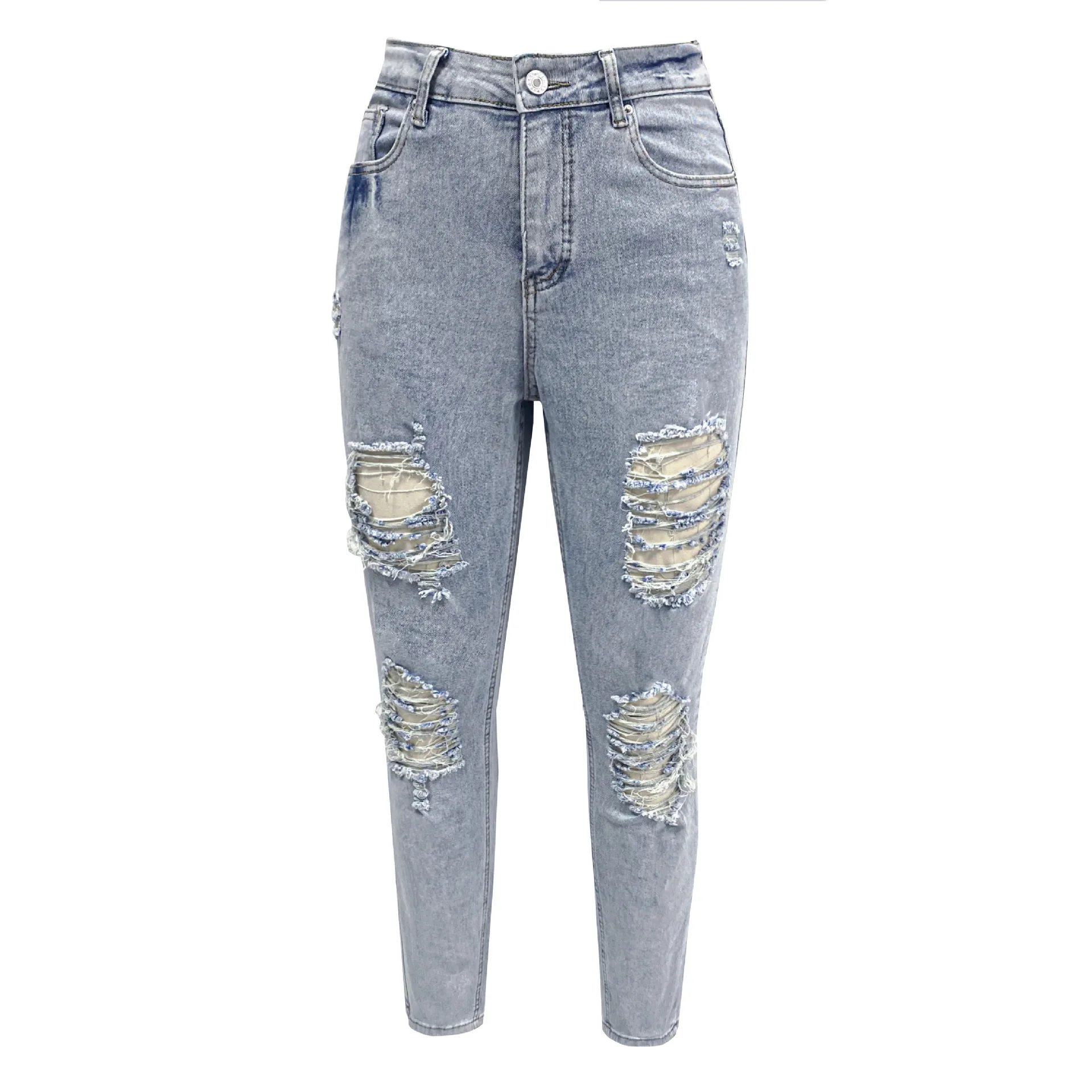 European and American Style New Water Washing Hole Break Jeans, Women's Light Blue Skinny Jeans Long Pants , Spring and Autumn