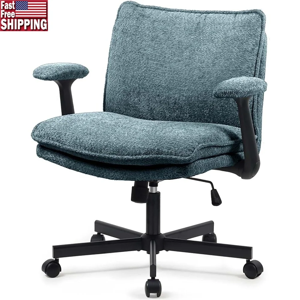 

Cross Legged Office Chair Upholstered Desk Chair with Wheels Adjustable Flip Up Armrests Wide Seat Comfortable Home Office Chair