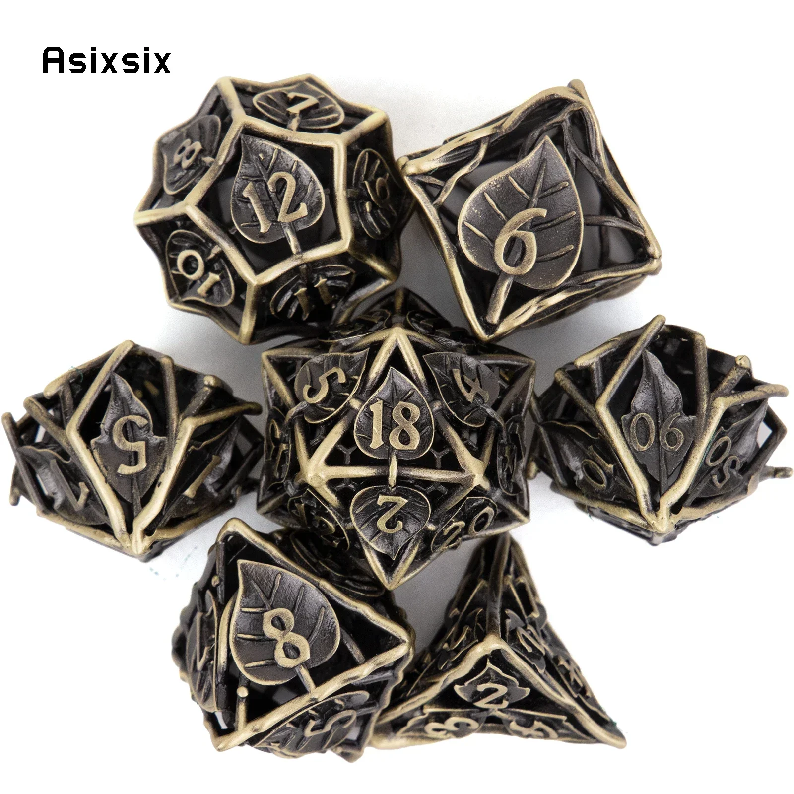 

7 Pcs Yellow Leaf Flower Metal Dice Hollow Metal Polyhedral Dice Set Suitable For Role-Playing Game