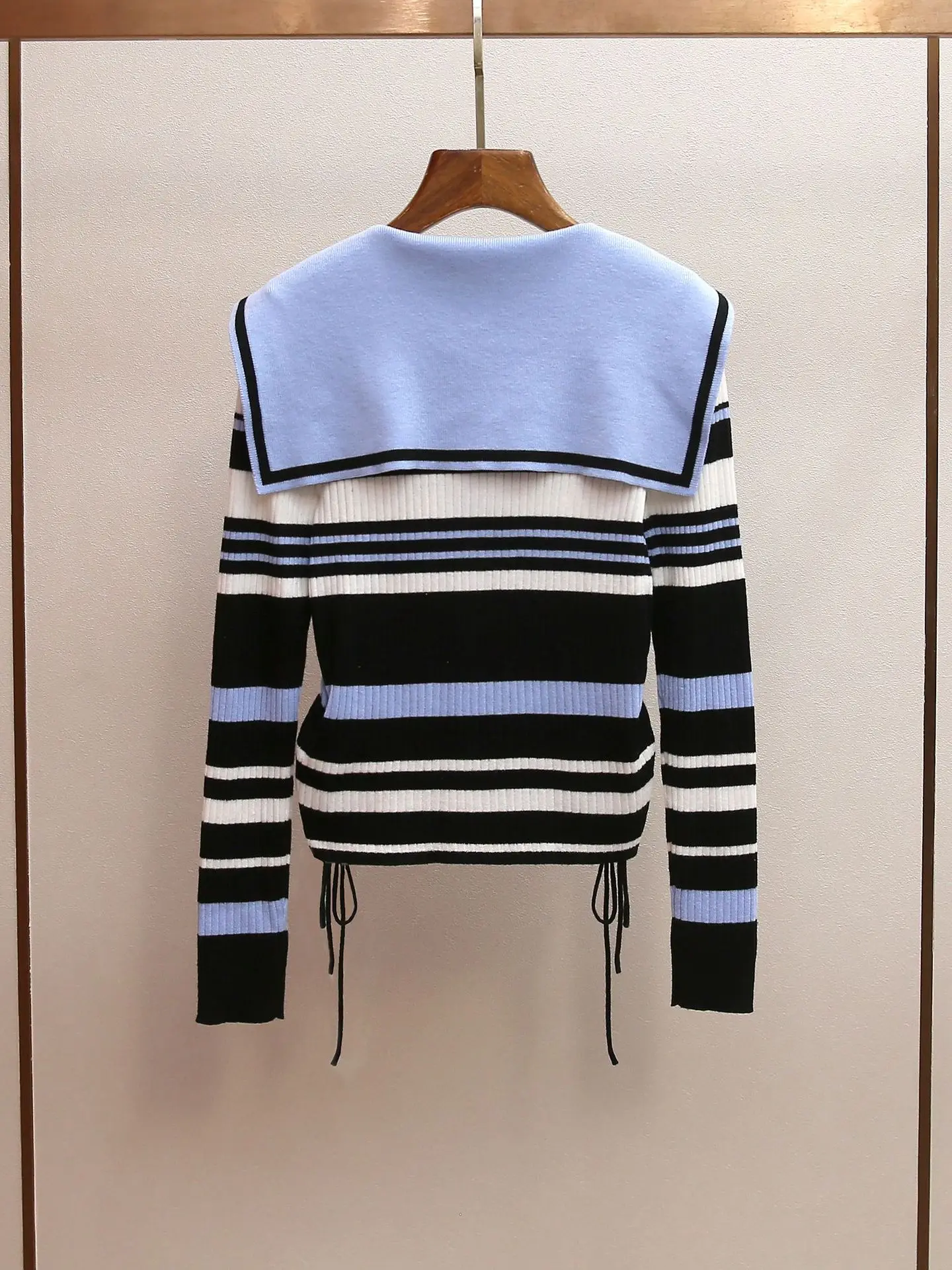 High-end women's autumn new Korean youthful sailor collar drawstring slimming striped knit top cardigan femme elegant top coat
