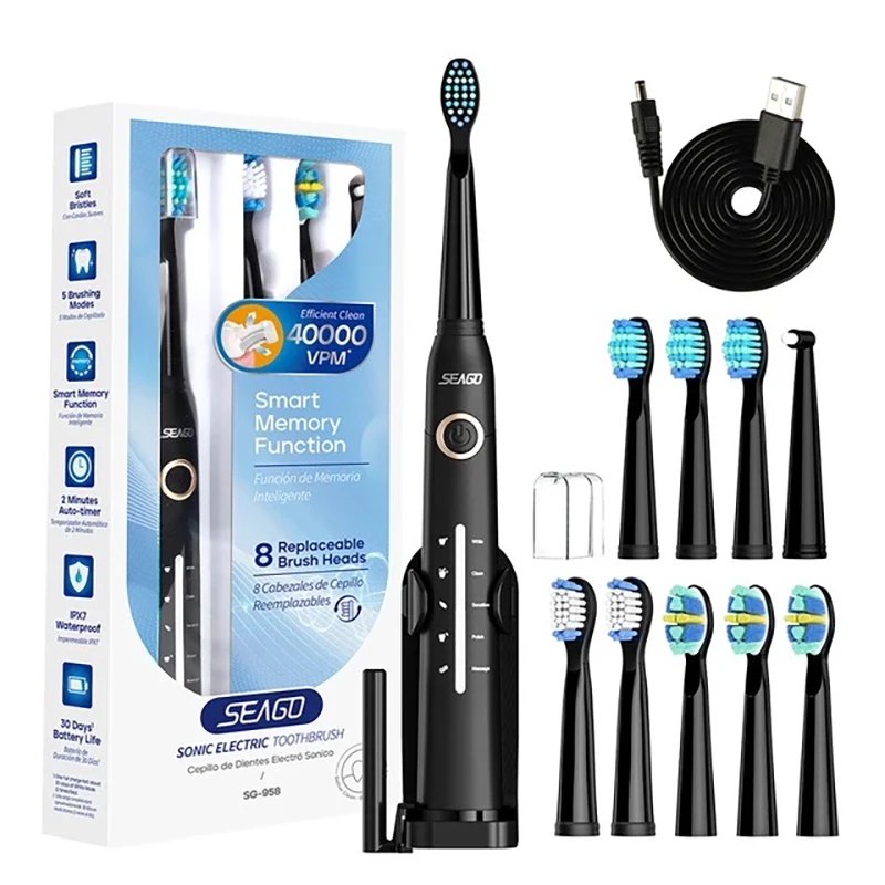 Seago Upgrade Electric Toothbrush Cup Holder 10 Pieces Brush Heads 5 Brushing Modes Adults Brush Black White