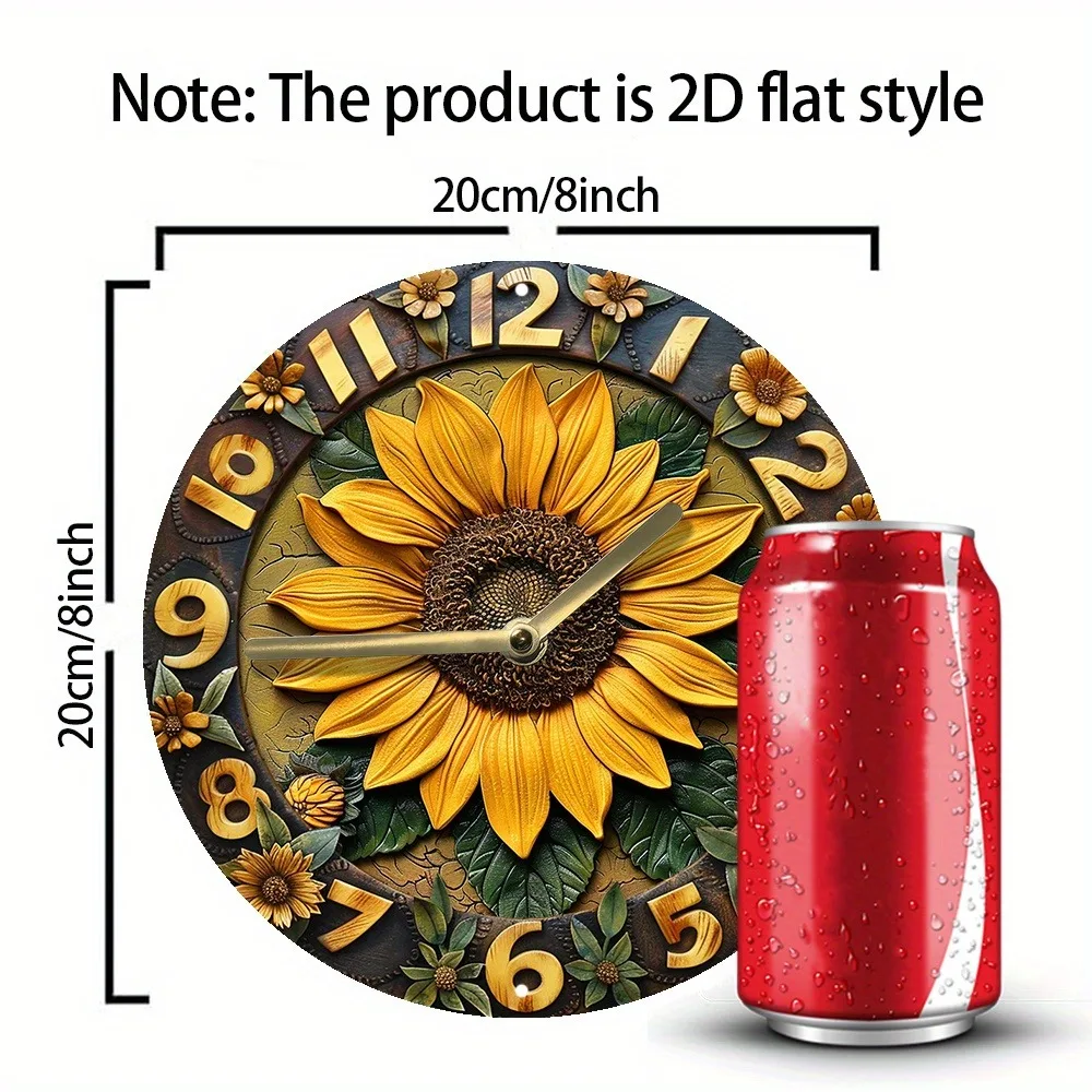 Wooden wall clock with sunflower pattern, perfect for home decor. Runs on AA batteries