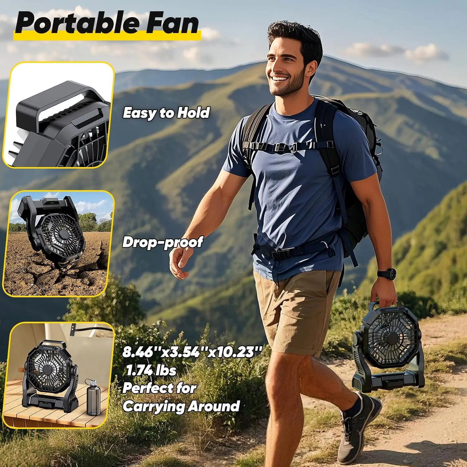 Rechargeable 10" Camping Fan: 10000mAh, LED Light, Hook, USB, Outdoor Use.