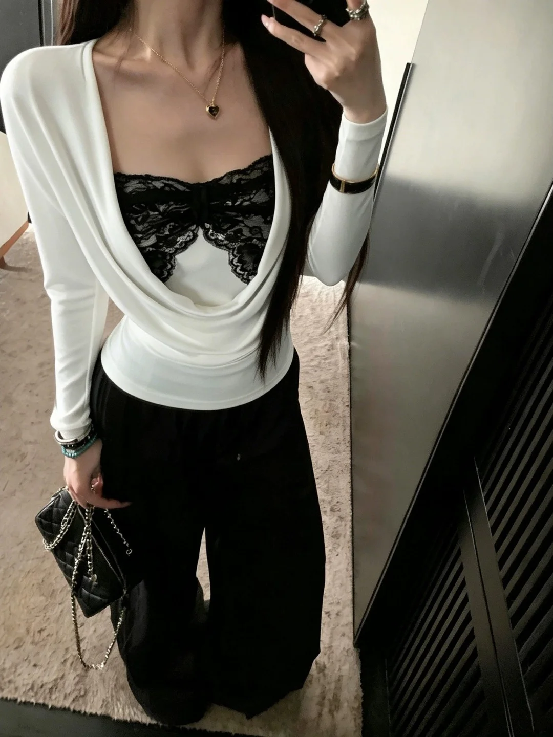 Pure Desire Lace Bustier Tank Top Women Early Autumn Swing Collar Slimming Long Sleeve T-Shirt Upper Body Two-Piece Set