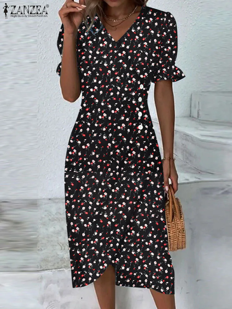 

ZANZEA Floral Print Women Dress Flare Sleeve Wrap V Neck Holiday 2024 Fashion Knee-length Vestidos Summer Elegant Slim Sundress