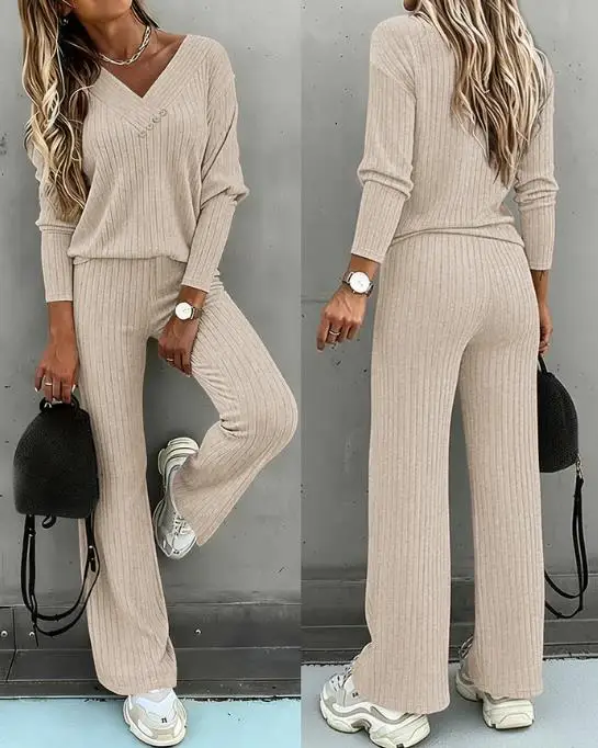 

2-piece button decoration V-neck long sleeved top and elastic waist straight leg pants set casual ribbed set women's clothing