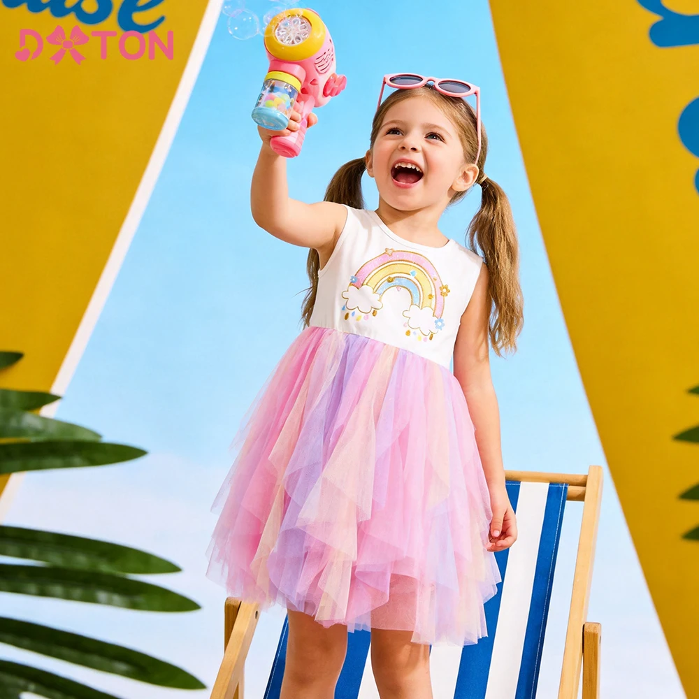 

DXTON Girls Birthday Party Dress Cotton Baby Toddler Casual Dress Summer Children School Clothing Rainbow Kids Holiday Dresses