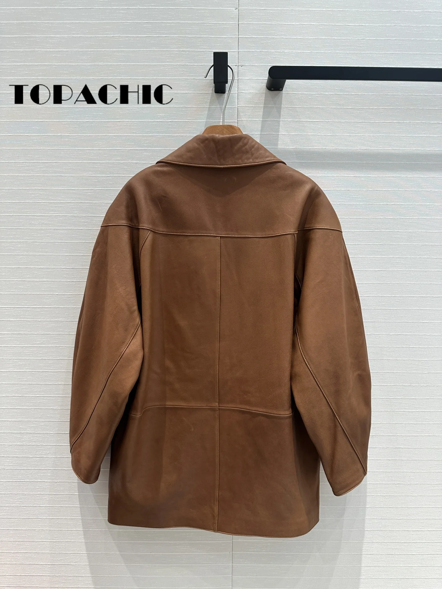 7.13 TOPACHIC Women Vintage Sheepskin Brown Blazer Single Button Spliced Long Sleeve Loose Genuine Leather Mid-Leng Jacket