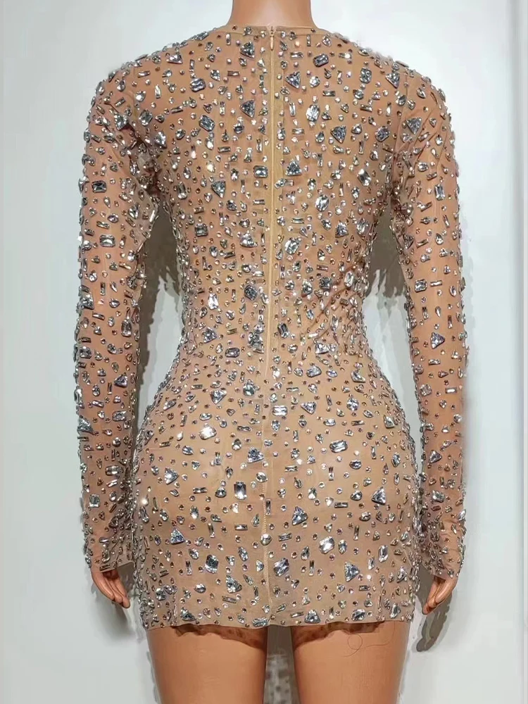 Vestido de manga larga con diamantes para mujer, prenda elástica de alta calidad, a la moda, personalizada, novedad de 2024