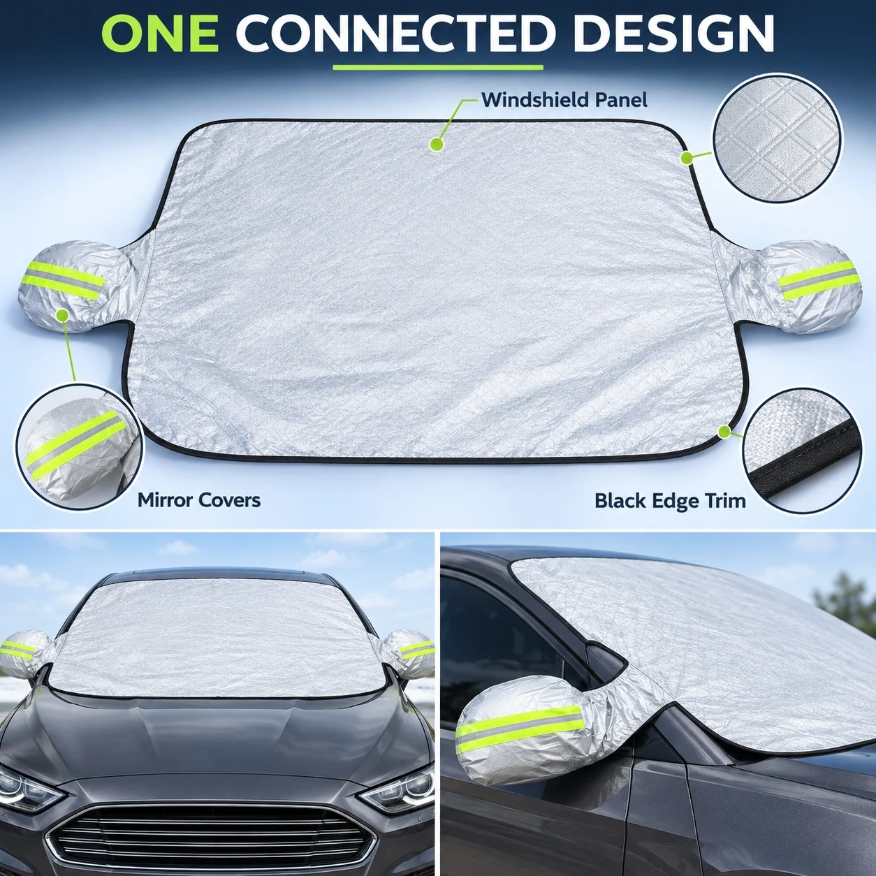 Car Windshield Cover for Snow and Ice with Side Mirror Covers, Silver Winter Frost Protector, 57.09 X 43.31 Inches, Front Windshield Coverage for Outdoor Parking at Home, at Work or in Driveways