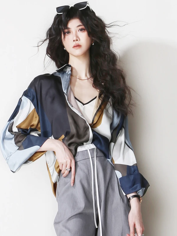 A27 Vintage bedruckter lockerer Seidenkragen irt Retro Nine Sve Länge rund Ne Regular Länge Pendeln Sle Faion Damen...